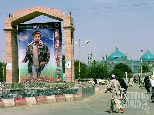 Huge poster of the national hero, a Tajik man by ethnicity, Ahmad Shah Massoud